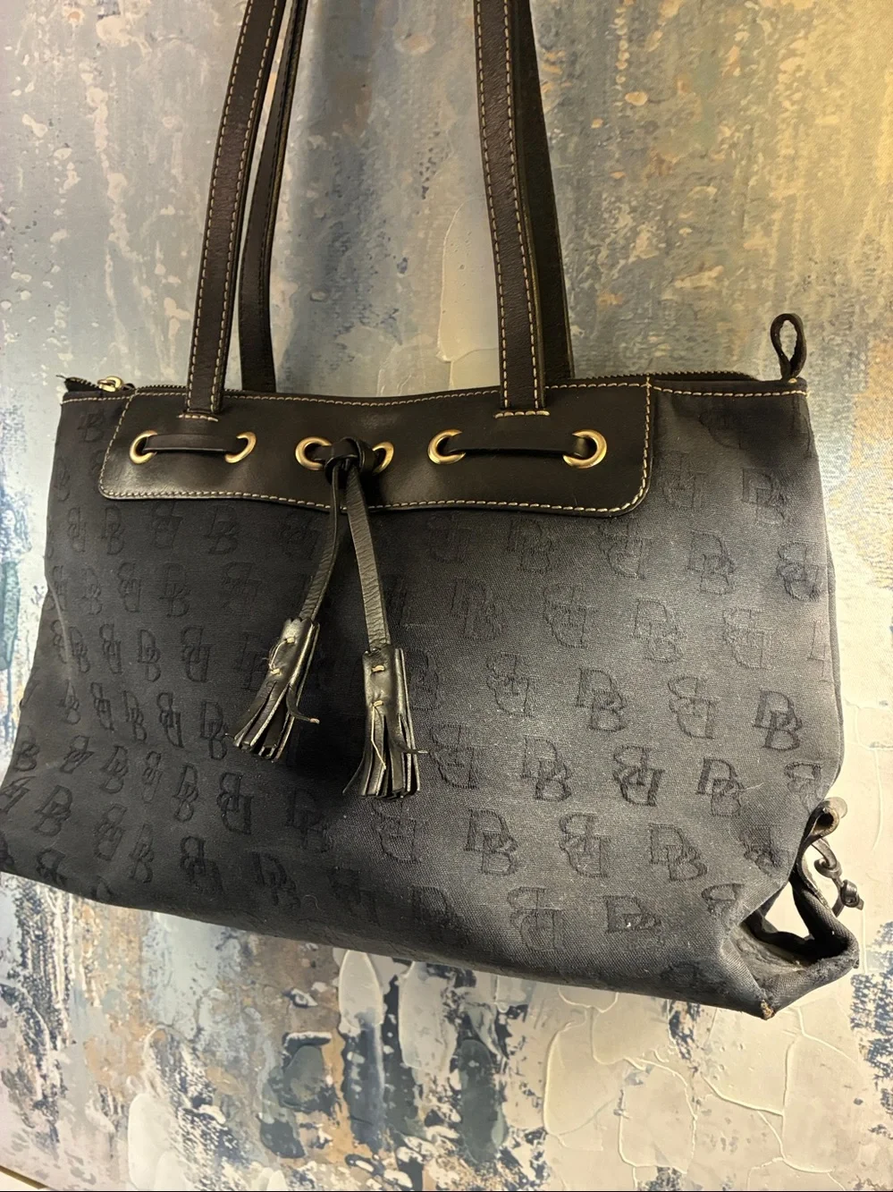 Vintage Dooney & Bourke Black  Designer Monogram Tote Bag - Satchel